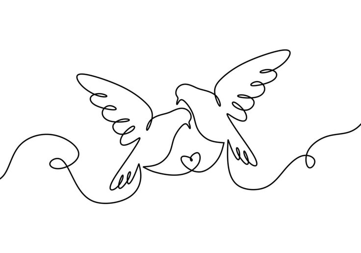 a line drawing of two birds flying in the air with hearts on their wings and one bird