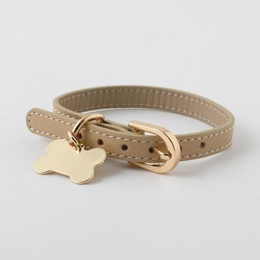 a dog collar with a small gold bone charm on the front and back of it