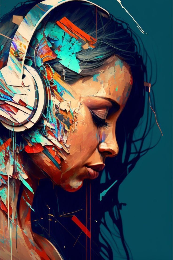 a painting of a woman with headphones on