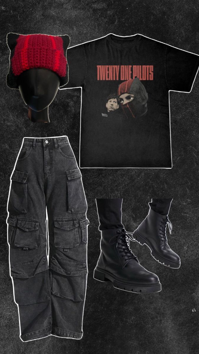 a pair of black combat boots and a t - shirt with the words twenty pilots on it