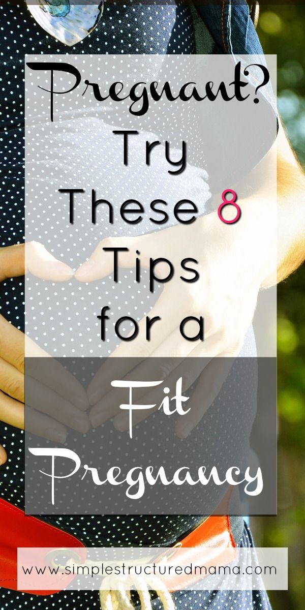 pregnant woman holding her belly with text overlay that says pregnant try these 8 tips for a fit pregnant