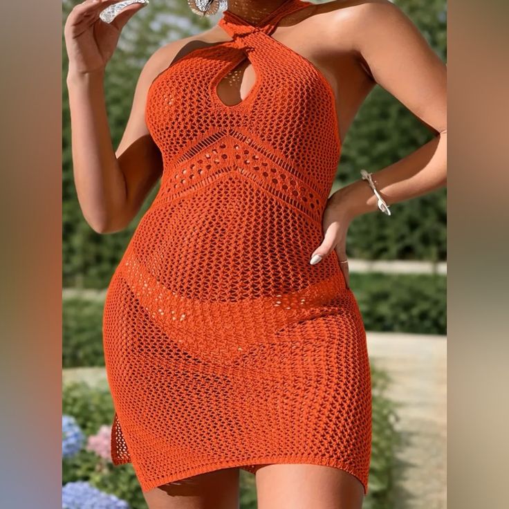 New In Package Knitted Mini Dress For Beach, Knitted Mini Dress For The Beach, Fitted Knitted Mini Dress For Beach, Knitted Mini Dress For Vacation, Beach Mini Dress In Knit, Knit Mini Dress For Beach, Orange Stretch Mini Dress For Vacation, Knit Mini Dress For The Beach, Fitted Knitted Mini Dress For Vacation