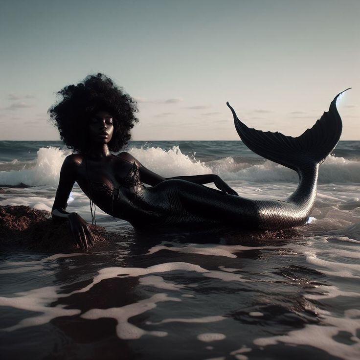 a woman sitting on top of a rock in the ocean next to a mermaid tail