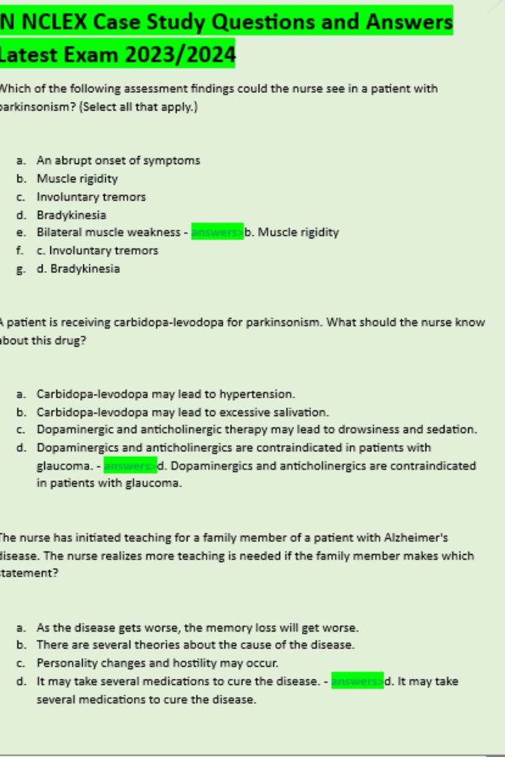 a green screen with text on it that says, the nclex case study questions and answers