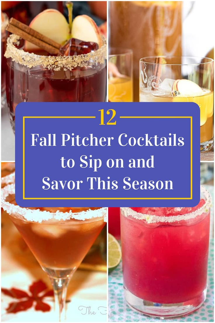 Collage of 4 fall pitcher cocktails. Mix Ahead Cocktails, Big Batch Fall Drinks, Yummy Fall Cocktails, Fall Bulk Cocktails, Old Fashioned Batch Cocktail, Cozy Fall Cocktail, Fall Beer Cocktails, Fall Alcohol Drinks For A Party, Fall Cocktail Large Batch