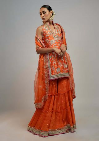 Halter Neck Anarkali Suits, Halter Neck Sharara Suit, Halter Neck Suit Design, Halter Neck Dress Indian, Orange Chikankari Embroidered Sharara For Navratri, Orange Chikankari Embroidery Sharara For Navratri, Designer Orange Sharara With Chikankari Embroidery, Orange Chikankari Embroidery Sharara For Festivals, Suits For Bridesmaids