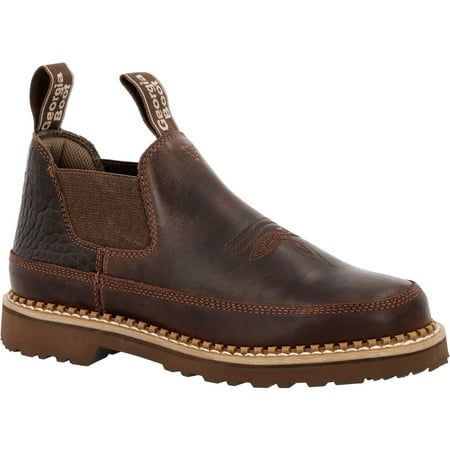 This limited edition women's Romeo shoe, by Georgia Boot, is made with a notched Goodyear Welt construction and features a rich dark brown leather upper. Double gore panels and nylon pull tabs make this an easy pull-on shoe.The inside is lined with a moisture wicking material and has a removable AMP X-Lite polyurethane insole for customized comfort. A steel shank and oil and slip-resisting polyurethane outsole provide a durable foundation on this women's fashion Romeo. Size: 7.5. Brown Slip-on Work Boots With Reinforced Toe, Brown Slip-on Work Boots With Rubber Sole, Brown Leather Sole Slip-on Boots, Brown Slip-on Boots With Leather Sole, Brown Ankle Work Boots With Rubber Sole, Brown Leather Ankle Boots With Reinforced Heel, Brown Oiled Leather Ankle Work Boots, Brown Slip-on Boots With Reinforced Toe, Brown Closed Toe Leather Shoes With Reinforced Heel