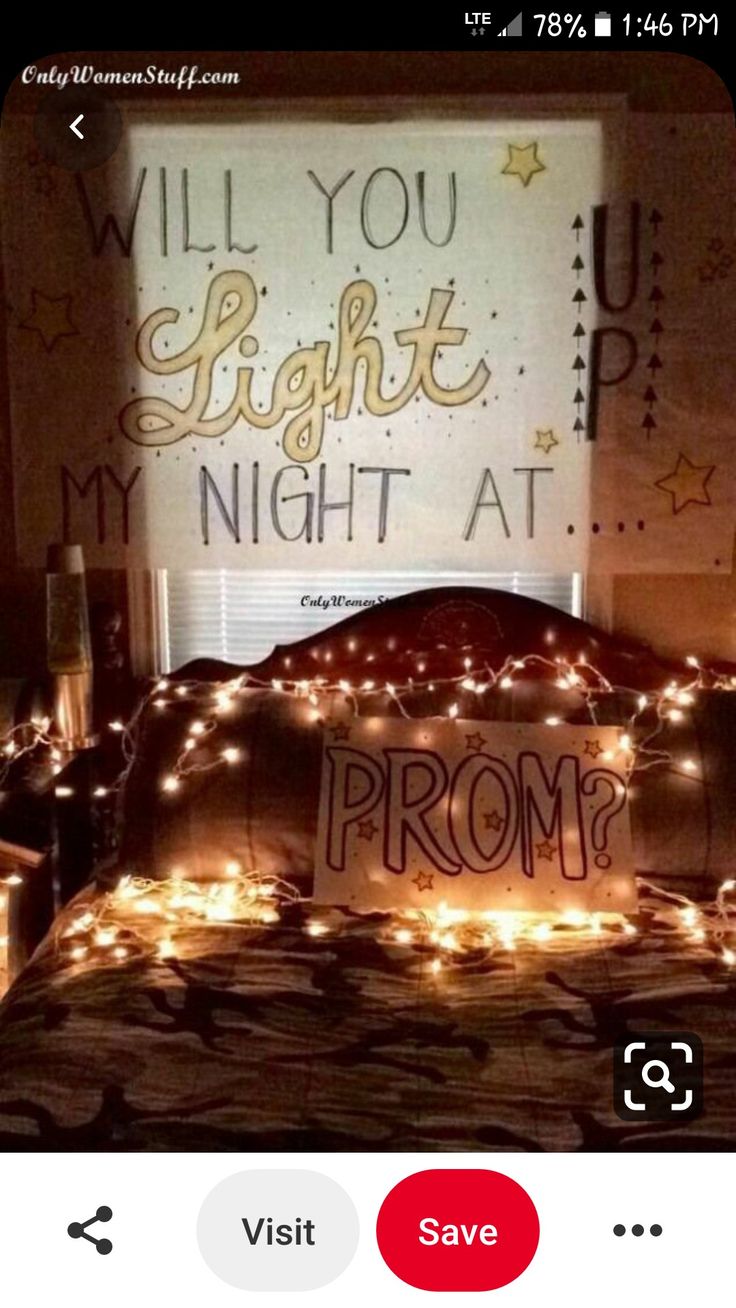 a bed with lights on it and the words will you light up my night at prom?