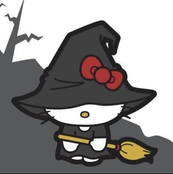 an image of a hello kitty in a witch's hat with a broom on her hand