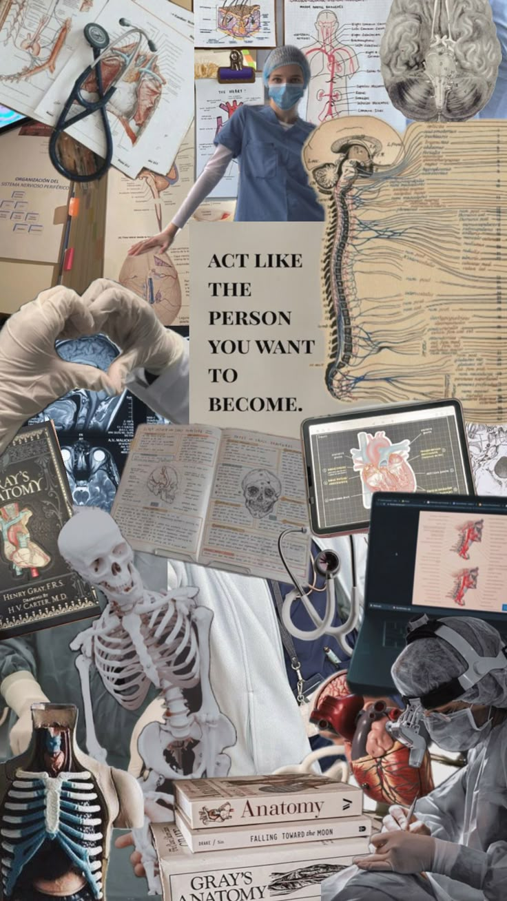 a collage of various medical related items including books, pictures, and other things