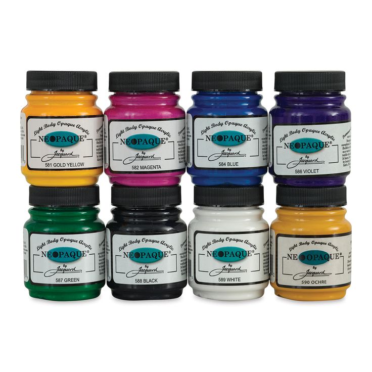 twelve different colors of acrylic paint in jars with black caps and white labels