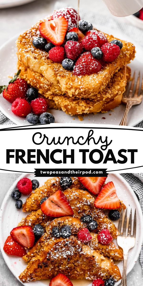 This Crunchy French Toast is a simple brunch recipe that starts with thick slices of Brioche bread dipped in a sweet vanilla cinnamon egg batter and coated in crunchy cornflakes. It makes a great Mother's Day brunch idea! Crunchy French Toast, French Toast Waffles, Nutella French Toast, French Toast Breakfast, Crock Pot Desserts, Mother's Day Brunch, Brioche Bread, Mothers Day Brunch, Delish Recipes