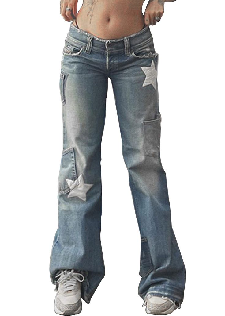 PRICES MAY VARY. [PLEASE NOTE] Please refer to our size chart picture to confirm the appropriate size before purchasing (Not Amazon's), thank you very much. This cargo denim jeans has non stretch, we recommend that you can size up [Baggy Jeans Y2k Pants] This star pants is wearable, skin-friendly and soft, it is more comfortable to wear. Whether you're into e girl, trendy clothes, street style fashion, or soft girl aesthetic clothes, these cyber y2k jeans for women are a perfect choice for a sty Star Print Pants, Fashion 60s, High Waisted Cargo Pants, Streetwear Girl, Streetwear Jeans, Streetwear Mode, 90's Fashion, Jean Vintage, Jeans Y2k