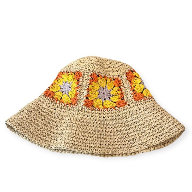 Nwt Flower Power Crochet Straw Bucket Hat Brown Crochet Sun Hat For Spring, Yellow Summer Hat, One Size Fits Most, Yellow Summer Hats One Size, Yellow Summer Bucket Hat For Spring, Yellow Summer Hat One Size, Brown Crochet Hat For Spring, Yellow Summer Hats, Yellow One-size Hats For Summer, Vintage Yellow Adjustable Hat