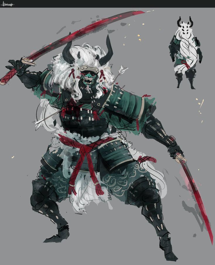 an anime character holding two swords in one hand and wearing armor with horns on the other