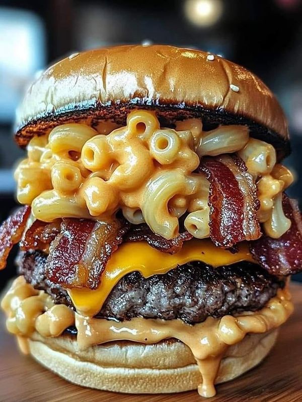 a cheeseburger with bacon, macaroni and cheese is on a wooden table