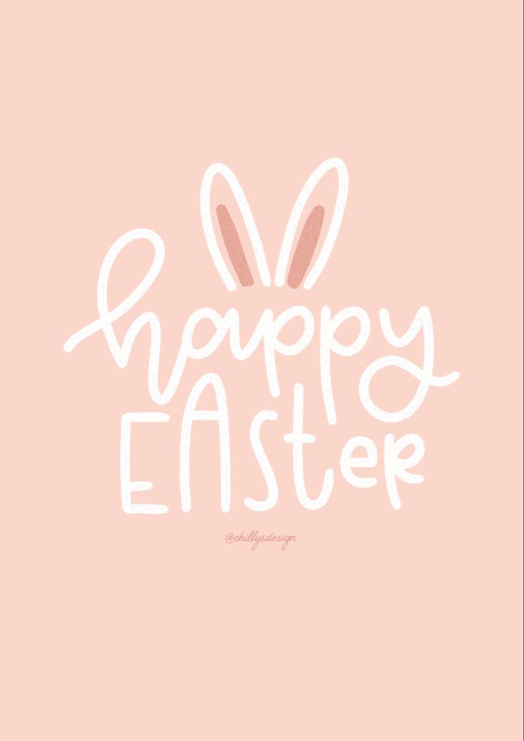 the words happy easter written in white on a pink background with an image of two bunny ears