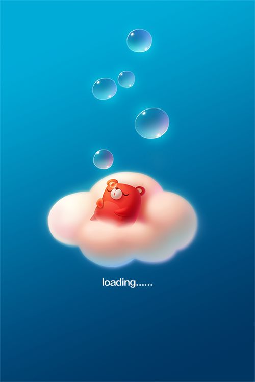 a red teddy bear floating in the air on top of a cloud filled with bubbles