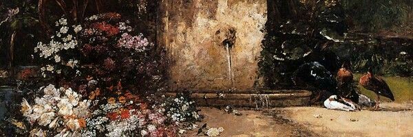 an image of a painting with flowers in the background