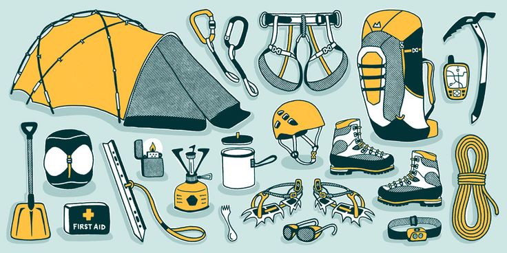 an assortment of camping equipment is shown on a blue background