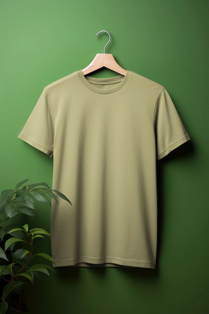 a t - shirt hanging on a green wall next to a potted plant