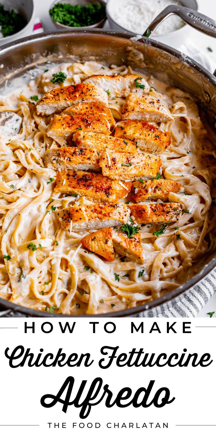 the best chicken fettuccine alfredo from scratch in a skillet with text overlay