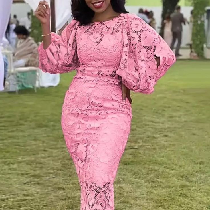 Plus Size Evening Dresses 4xl O Neck Lace Lantern Sleeve Hollow Out Patchwork White Pink Gowns For Ladies Event Cocktail Outfits. White Lace Bodycon Dress, Aso Ebi Lace Styles, White Lace Bodycon, Aso Ebi Lace, Lace Pencil Dress, Elegant Bodycon Dress, Nigerian Lace Styles, Mode Rose, Best African Dresses