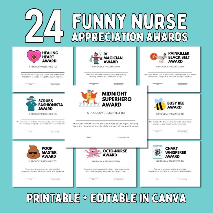 four printable nurse appreciation cards with the words, funny nurse appreciation awards and an image of