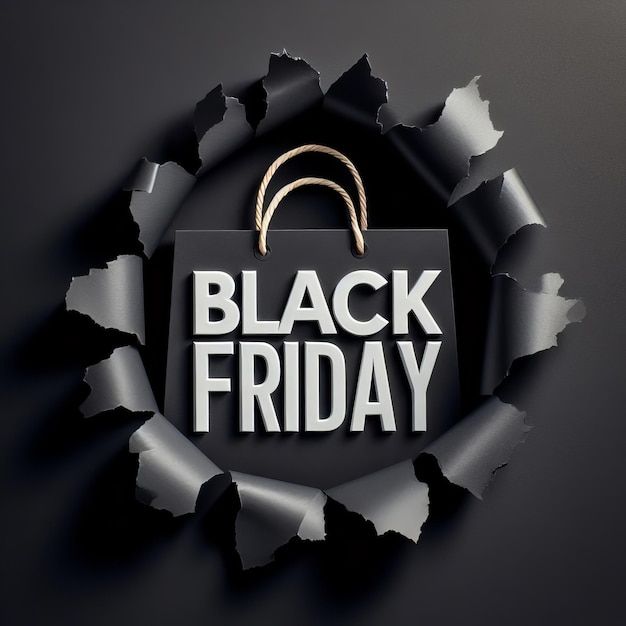 a black friday shopping bag with the words black friday on it through a torn piece of paper