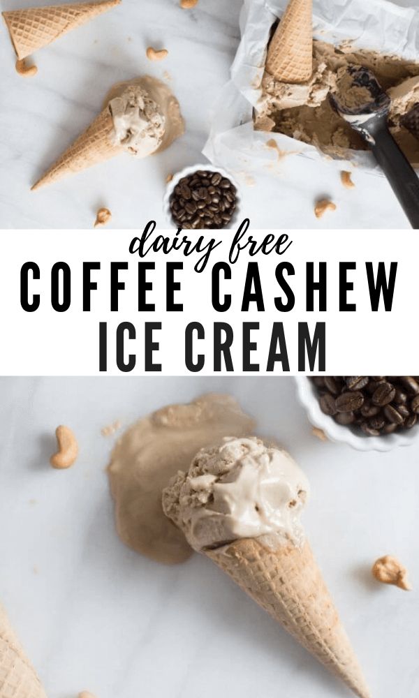 coffee cashew ice cream in cones with text overlay that reads dairy free coffee cashew ice cream