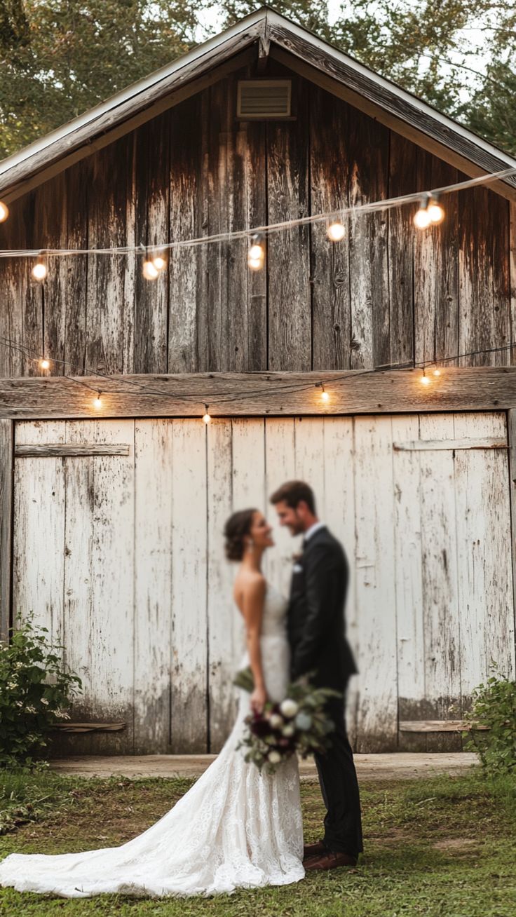 a bride and groom standing in front of an old barn with lights strung from the roof