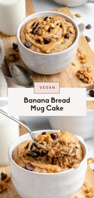 banana bread mug cake in a white bowl with a spoon and milk on the side