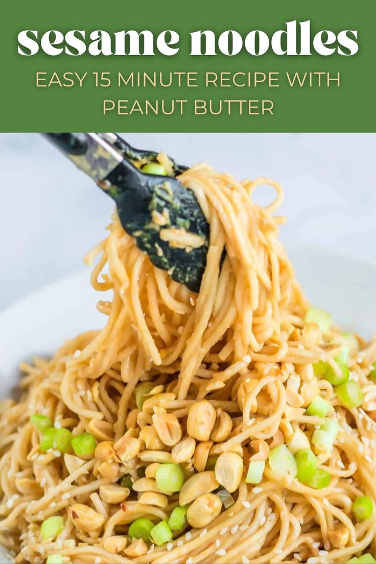 sesame noodles with peas and peanuts in a white bowl