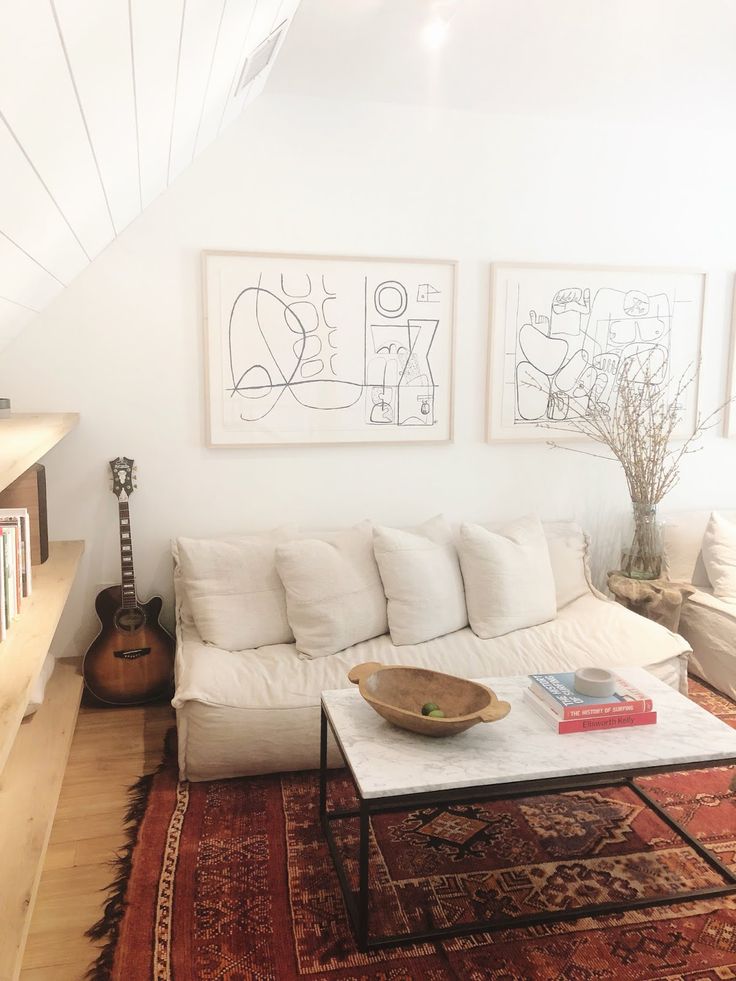 a living room with a couch, coffee table and bookshelves on the wall