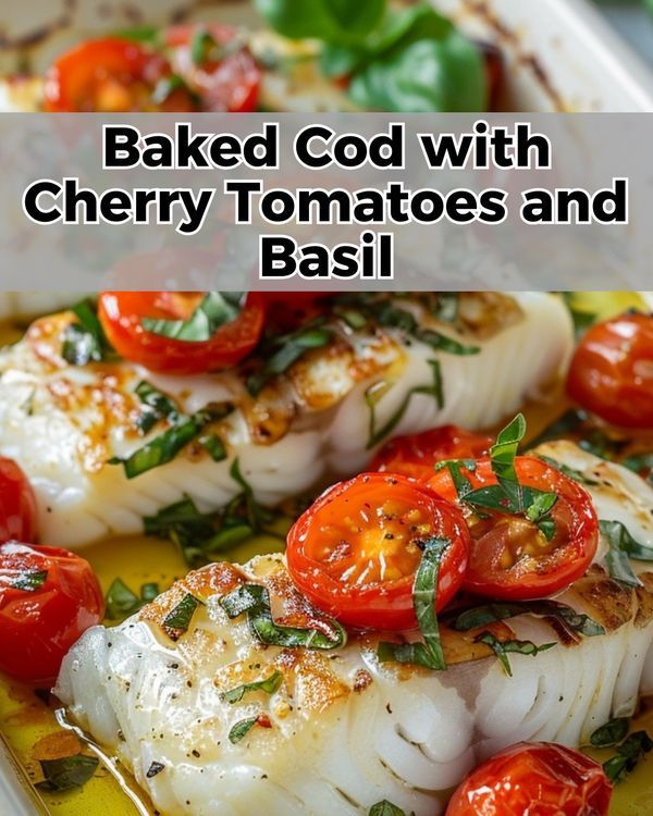 baked fish with cherry tomatoes and basil on a yellow platter text reads baked god with cherry tomatoes and basil