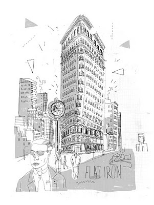 a drawing of a man standing in front of a tall building with a clock on it's face