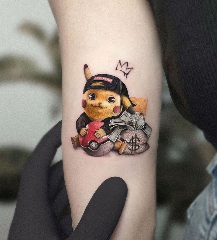 a person with a tattoo on their arm holding a small dog and some money in it