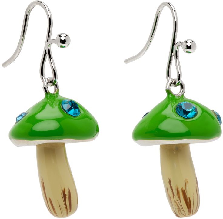 Pair of drop earrings in silver-tone brass. Enameled graphic charm in green with crystals at drop. · Hook fastening · H1.75 Available exclusively at SSENSE. Supplier color: Lime Green Dangle Earrings With Mushroom Design, Green Mushroom Design Dangle Earrings, Marni Jewelry, Green Mushroom, Mushroom Earrings, Jewelry Collection, Silver Tone, Stuffed Mushrooms, Jewelry Earrings