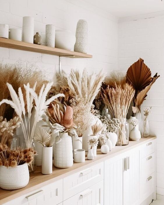 there are many vases and plants on the shelf