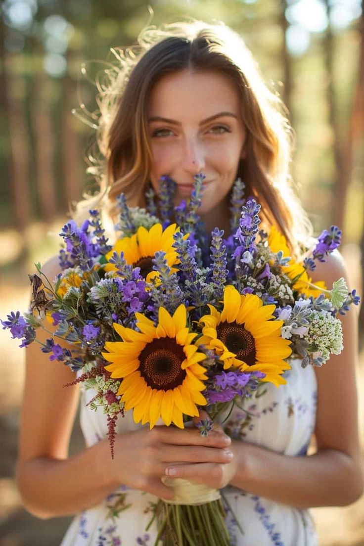 a woman holding a bouquet of sunflowers and lavender