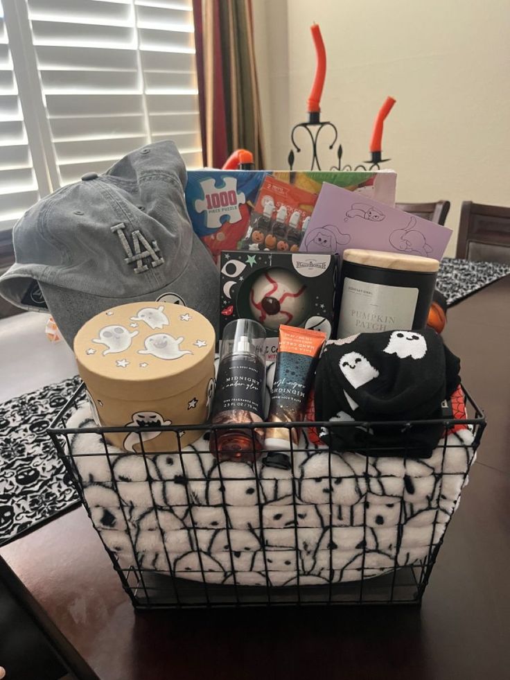 a basket filled with items sitting on top of a table