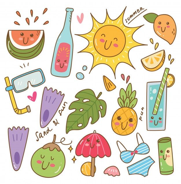 an assortment of summer related items on a white background