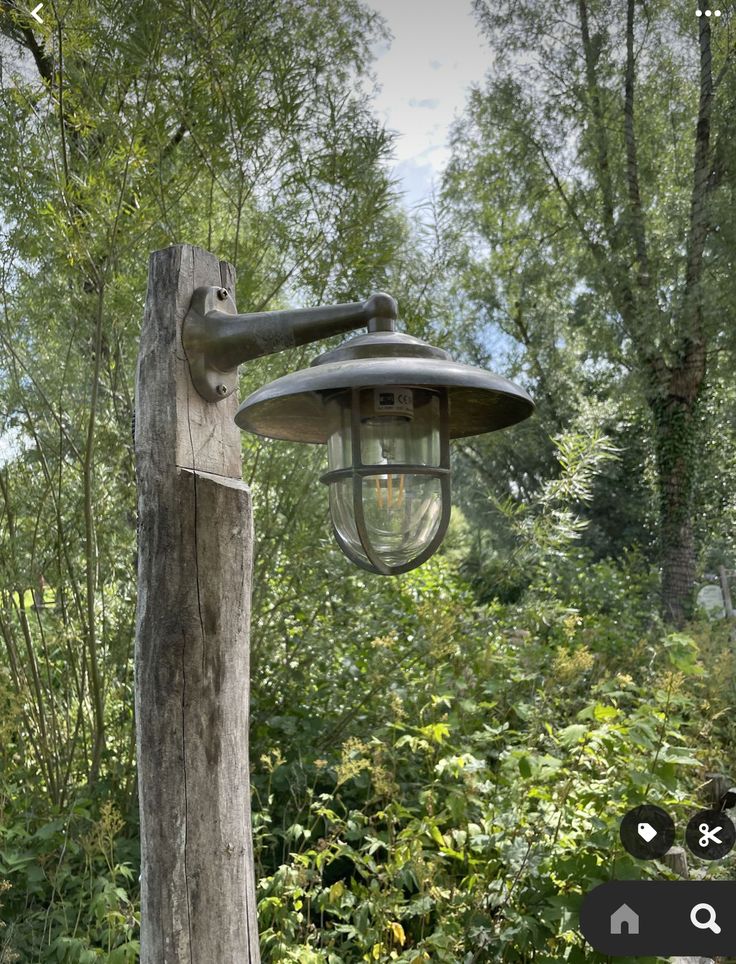 an old fashioned light hanging from a wooden post in the woods with trees and bushes behind it