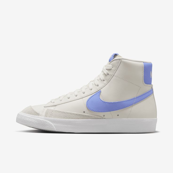 Styled for the ‘70s. Loved in the ‘80s. Classic in the ‘90s. Ready for the future. The Nike Blazer Mid ’77 delivers a timeless design that’s easy to wear. Its unbelievably crisp leather upper breaks in beautifully and pairs with bold retro branding and luscious suede accents for a premium feel. Exposed foam on the tongue and a special midsole finish make it look like you’ve just pulled them from the history books. Go ahead, perfect your outfit. Custom Nike Blazers Women, Women Nike Blazers, Retro Nike High-top Sneakers For Spring, Nike Retro High-top Sneakers, Retro Nike High-top Sneakers With Round Toe, Retro Leather Skate Shoes For Spring, Cute Nike Blazers, Nike Blazer Women, Nike Blazer Mid 77 Women