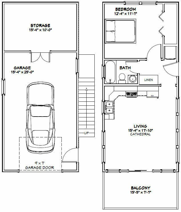 the floor plan for a two story house with an attached garage and living room area