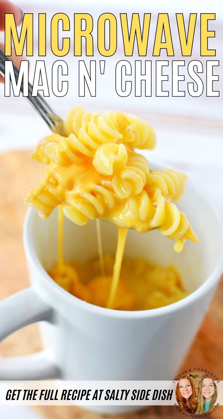 the cover of microwave mac n cheese is being spooned into a cup with noodles