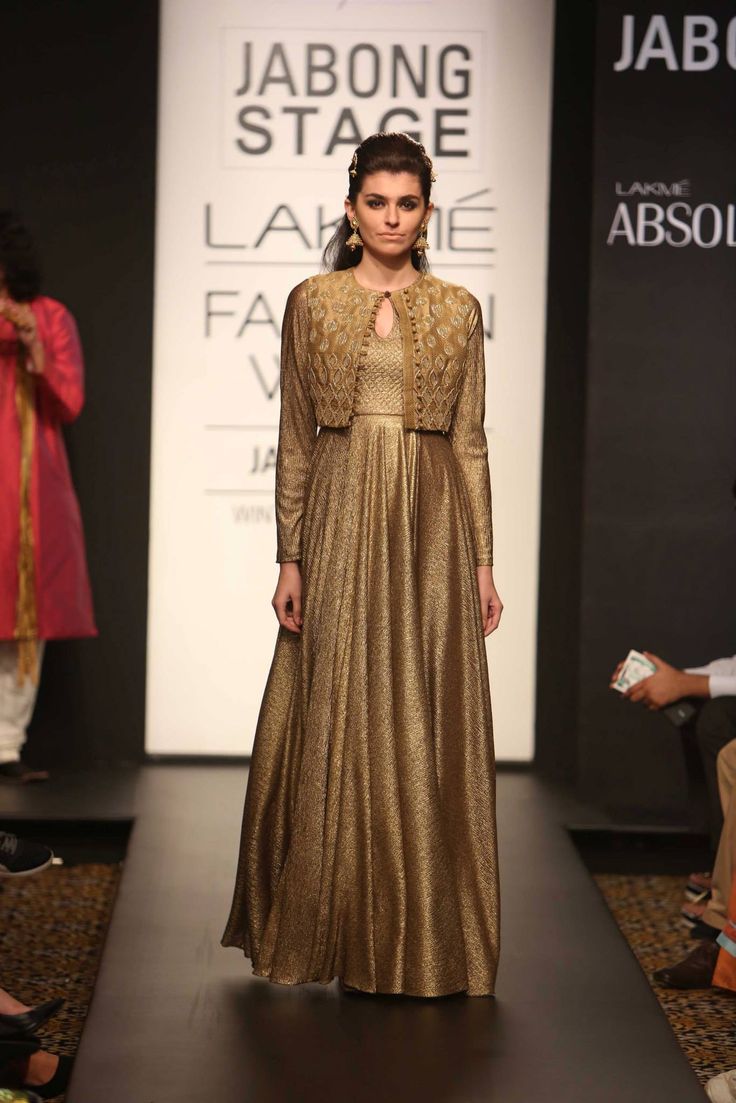 Anarkali With Jacket, Gold Anarkali, Fashion Week Outfit, Long Dress Design, Indian Gowns Dresses, Indian Gowns, Designer Party Wear Dresses, Lakme Fashion Week, Indian Designer Outfits