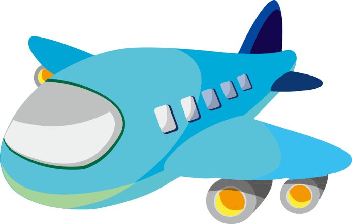 an airplane with four wheels on the front is blue and has two yellow lights at the bottom