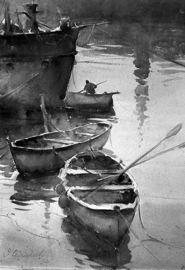 black and white photograph of several boats in the water with one boat on it's side