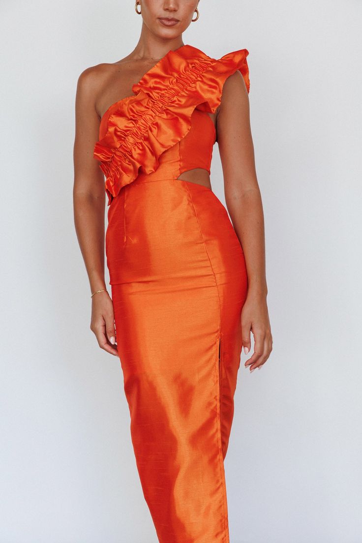 Orange maxi dress Lined Elasticated ruffle detail One-shoulder style Cut-out waist Split in front Zipper in back You will stop traffic in our jaw-dropping NY Moment dress. Featuring an eye-catching, wide ruffle accent in the bodice and cut-out waist. It's perfect for a special birthday soiree or gala event. Team it with diamante mules and a clutch for an unforgettable look. MODEL INFO Model is wearing size XS Height: 5'6" Bust: 32" Waist: 24.5" Hips: 34.5" SIZE INFO Flat garment measurements Thi Orange Midi Dress With Ruffles, Orange Ruffled Evening Dress, Luxury Orange Dresses With Ruffles, Luxury Orange Ruffle Dresses, Birthday Soiree, Orange V-neck Midi Dress With Ruffles, Ruffle Shoulder Dress, Gala Event, Orange Maxi Dress